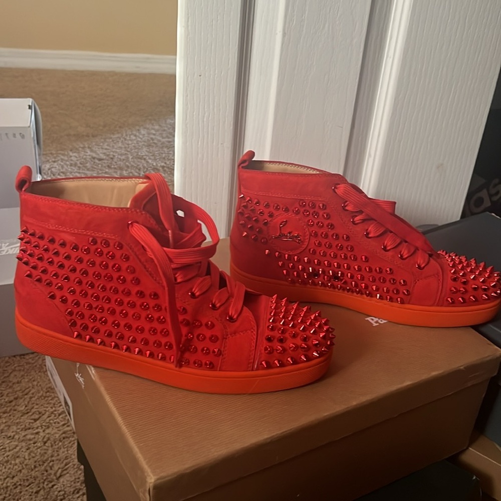 Christian Louboutin Louis Orlato Spike Studs High Cut Men's Red Sneakers 40 - Picture 2 of 6